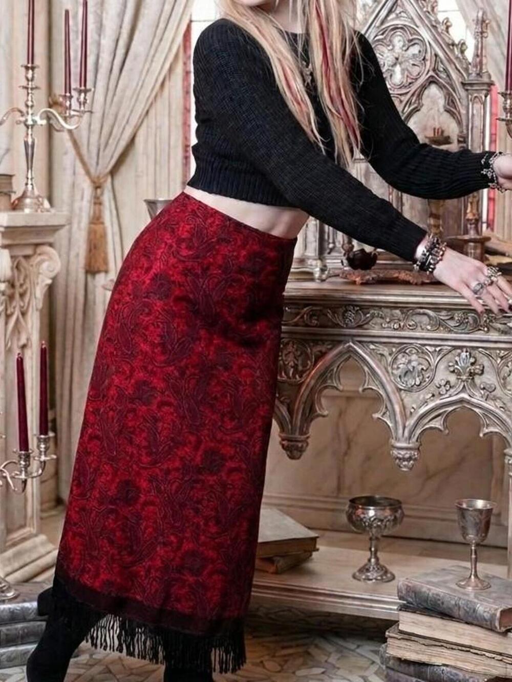 Intriguing threads maxi skirt in red/black paisley brocade